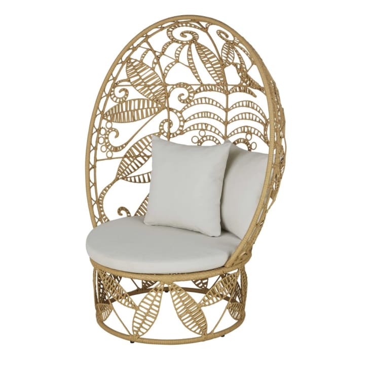 Fauteuil de jardin oeuf en résine imitation rotin et coussins écrus |  Arasari